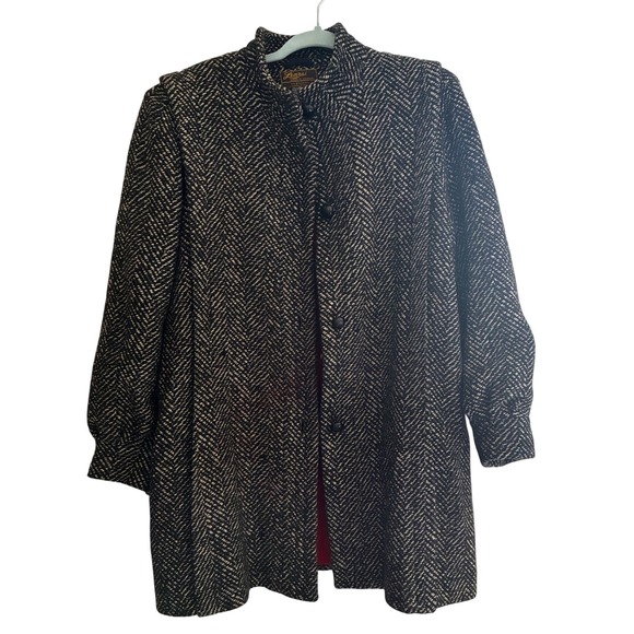 Learsy Jackets & Blazers - VTG Learsy 100% Wool Herringbone Coat Black White Red Lining Made in Uruguay 12